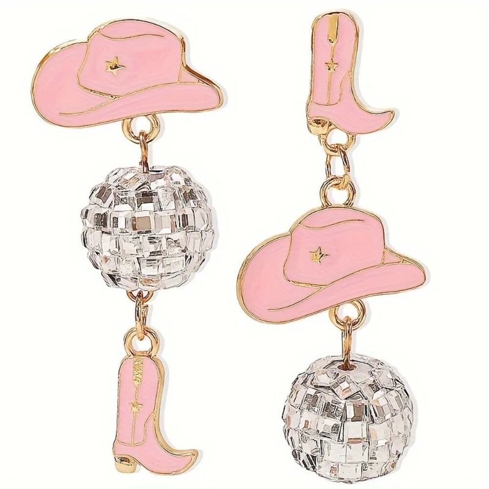 NEW Western Pink Cowboy Hat & Boot Dangle Earrings, Disco Ball Jewelry, Cowgirl